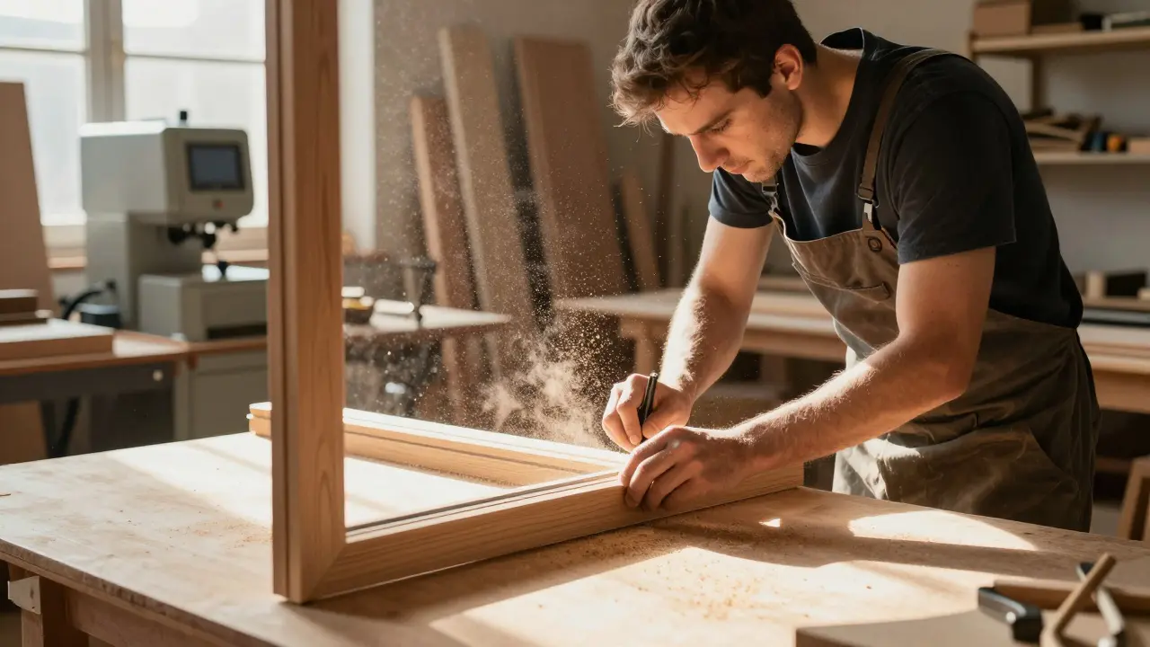 Artisan travaillant avec précision sur un cadre de fenêtre en bois dans un atelier.