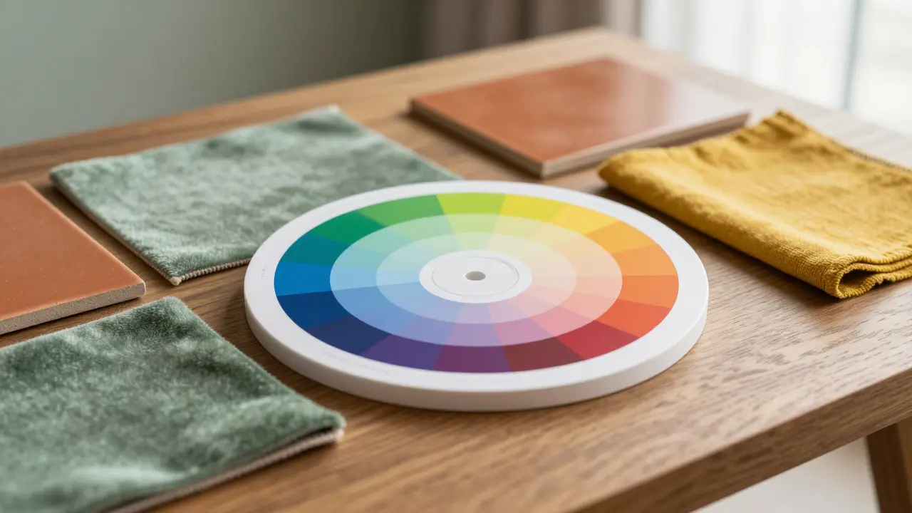 Cercle chromatique entouré d'échantillons de tissus vert sauge, terracotta et jaune moutarde.