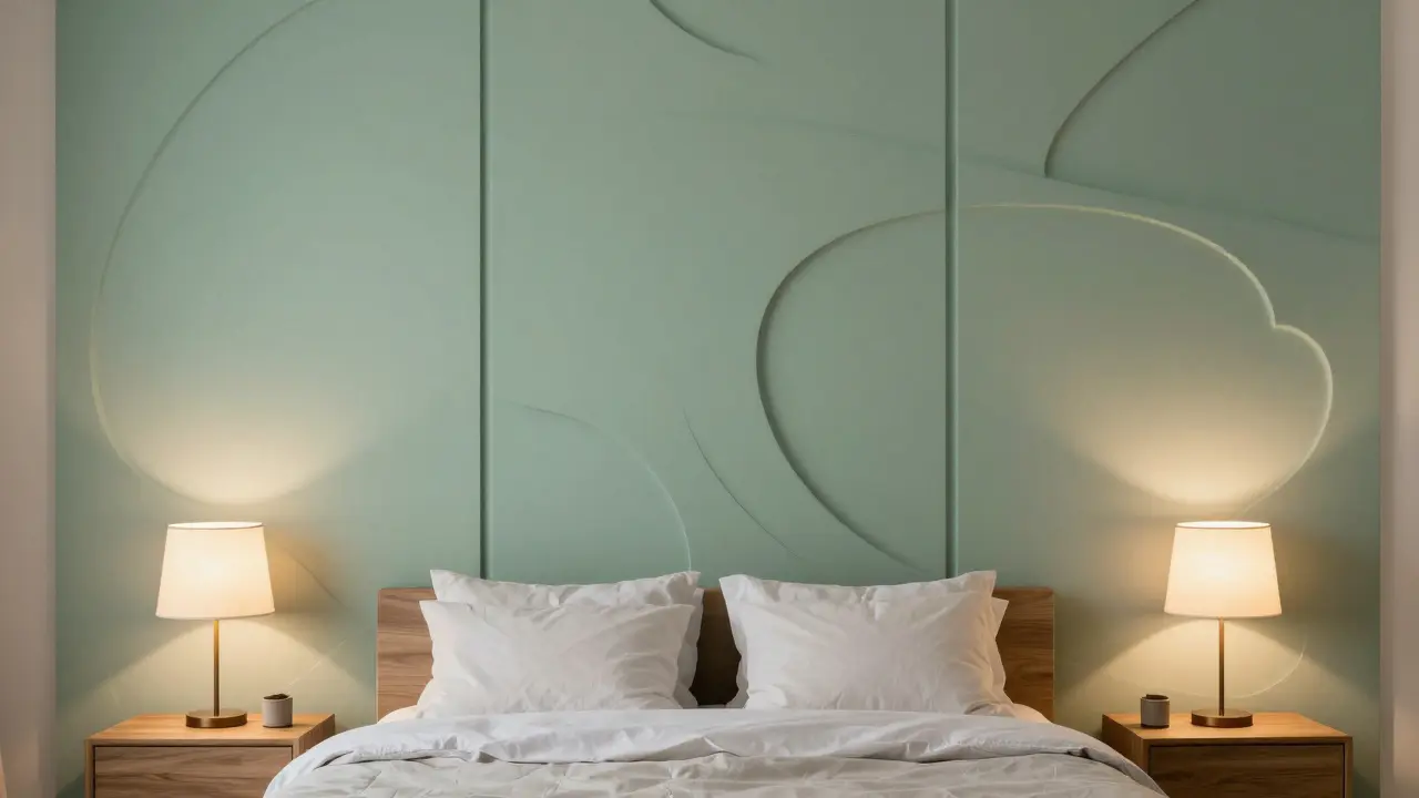 Chambre à coucher avec un mur texturé 3D vert sauge derrière la tête de lit