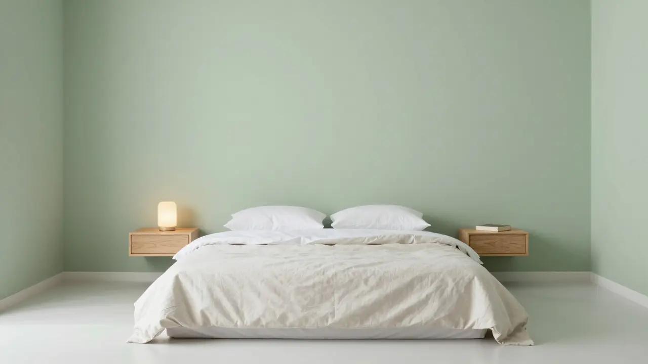 Chambre minimaliste sereine avec lit en lin blanc et murs vert sauge apaisants.