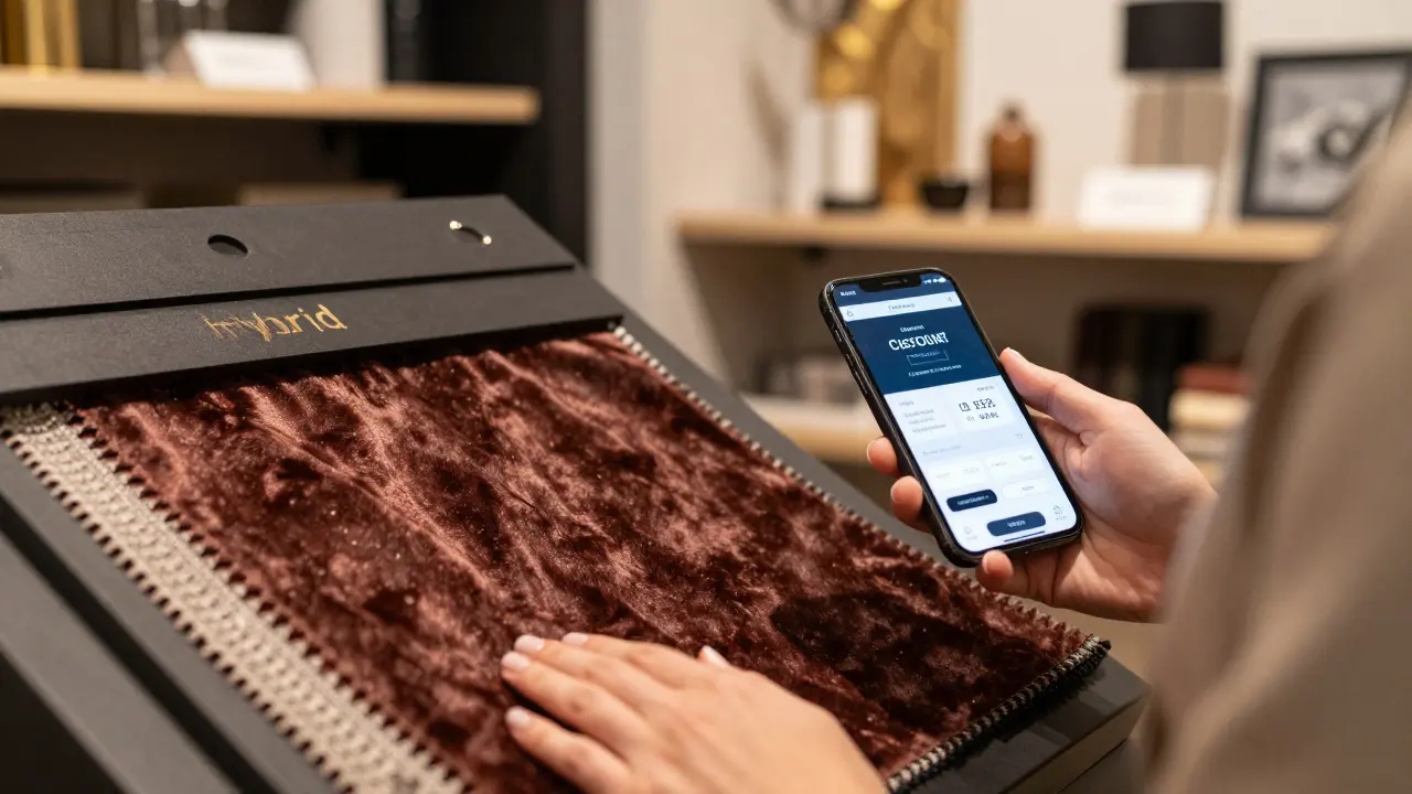 Client vérifiant la matière d'un tissu en magasin tout en commandant sur son téléphone.