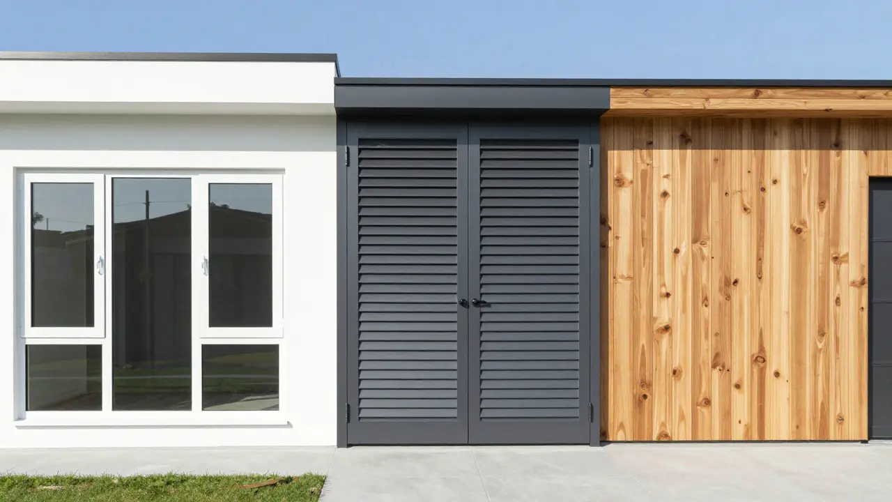 Comparaison de fenêtres et volets en PVC, aluminium et bois sur une façade moderne.