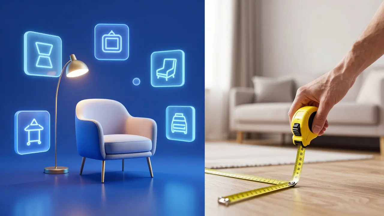 Comparaison entre un catalogue de meubles numérique et la mesure réelle d'un espace.