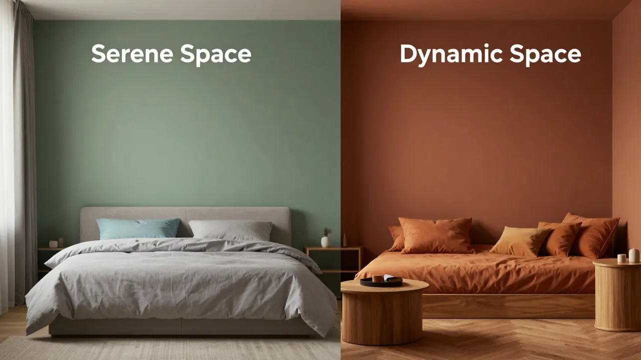 Comparaison entre une pièce aux tons froids apaisants et une pièce aux tons chauds et cocooning.