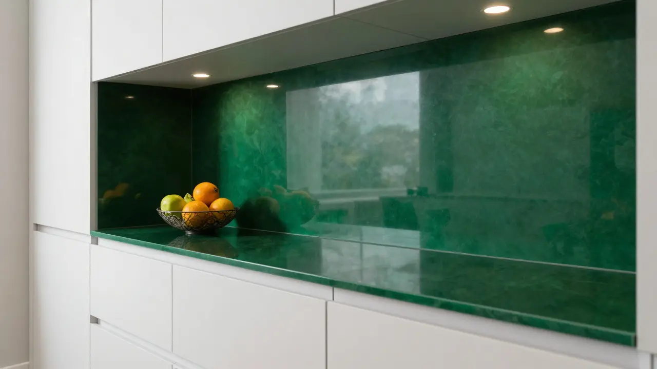 Crédence en verre laqué vert émeraude brillant dans une cuisine contemporaine.
