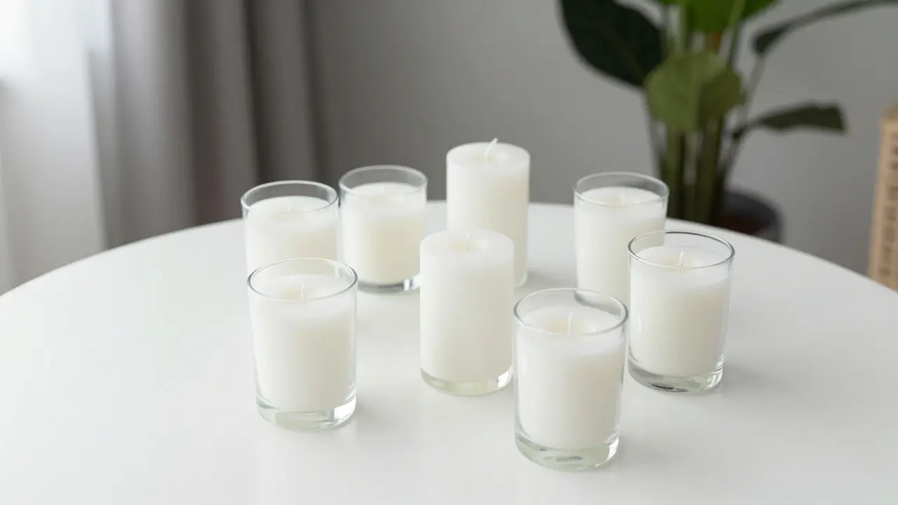 Disposition sécurisée de bougies blanches sur une table avec distance de sécurité.