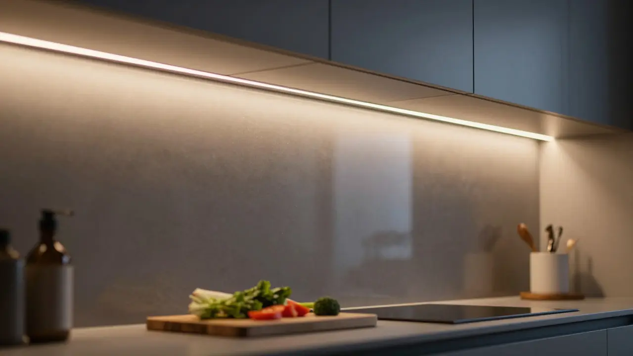 Éclairage LED intégré au-dessus d'une crédence en verre fumé dans une ambiance nocturne.