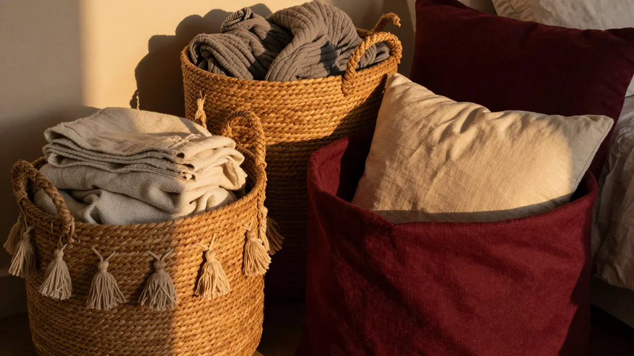 Ensemble de paniers bohèmes texturés avec pompons dans une chambre