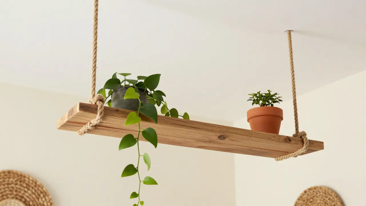 Étagère suspendue DIY en bois et corde de jute avec des plantes retombantes.