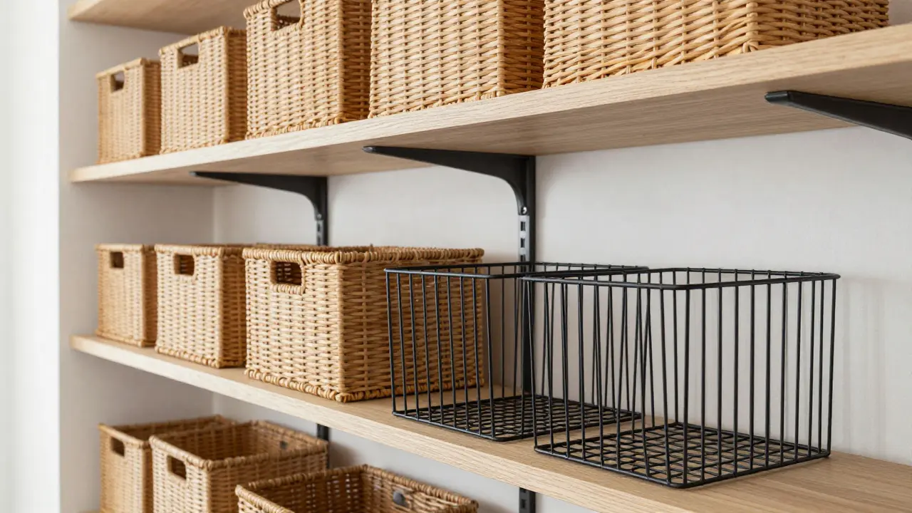 Étagères organisées avec des paniers rectangulaires en rotin et métal