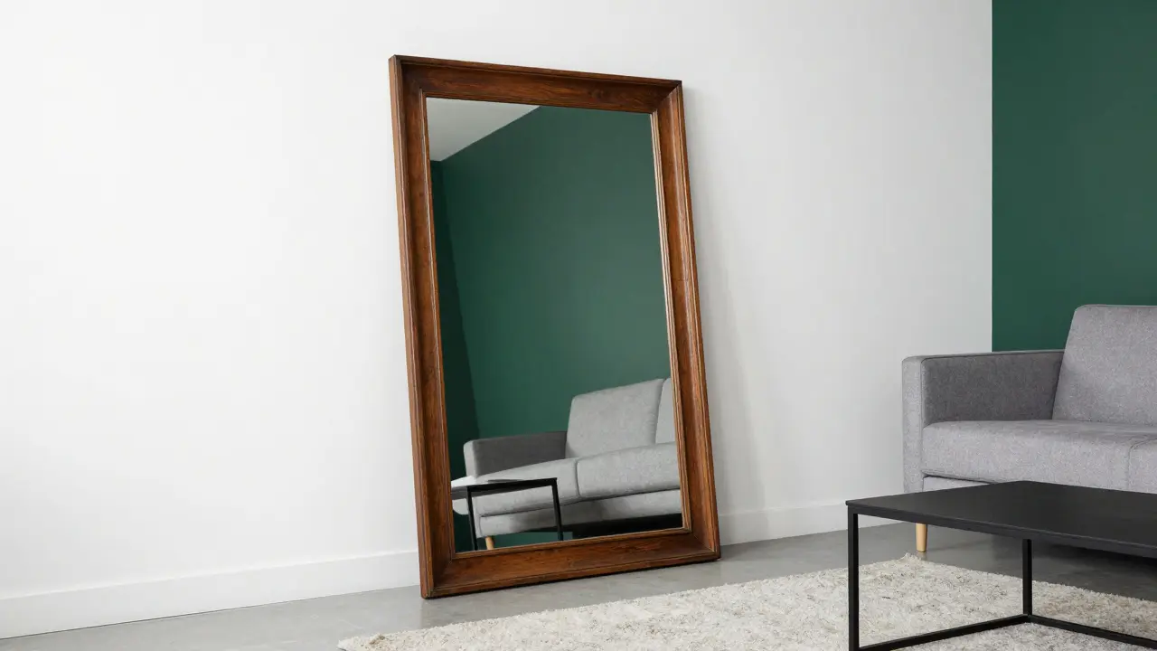 Grand miroir vintage posé au sol dans un salon moderne et minimaliste.