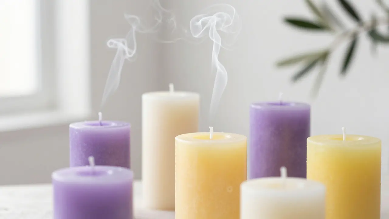 Gros plan artistique de bougies parfumées de différentes couleurs avec de la fumée légère.