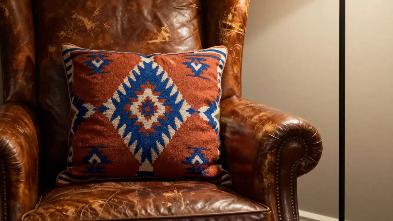 Gros plan d'un fauteuil en cuir patiné avec un coussin coloré et une lampe noire.