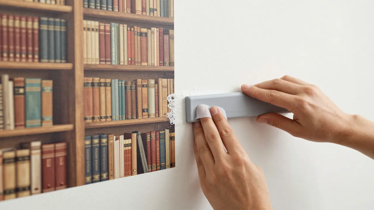 Gros plan de la pose d'un papier peint panoramique trompe-l'œil de bibliothèque