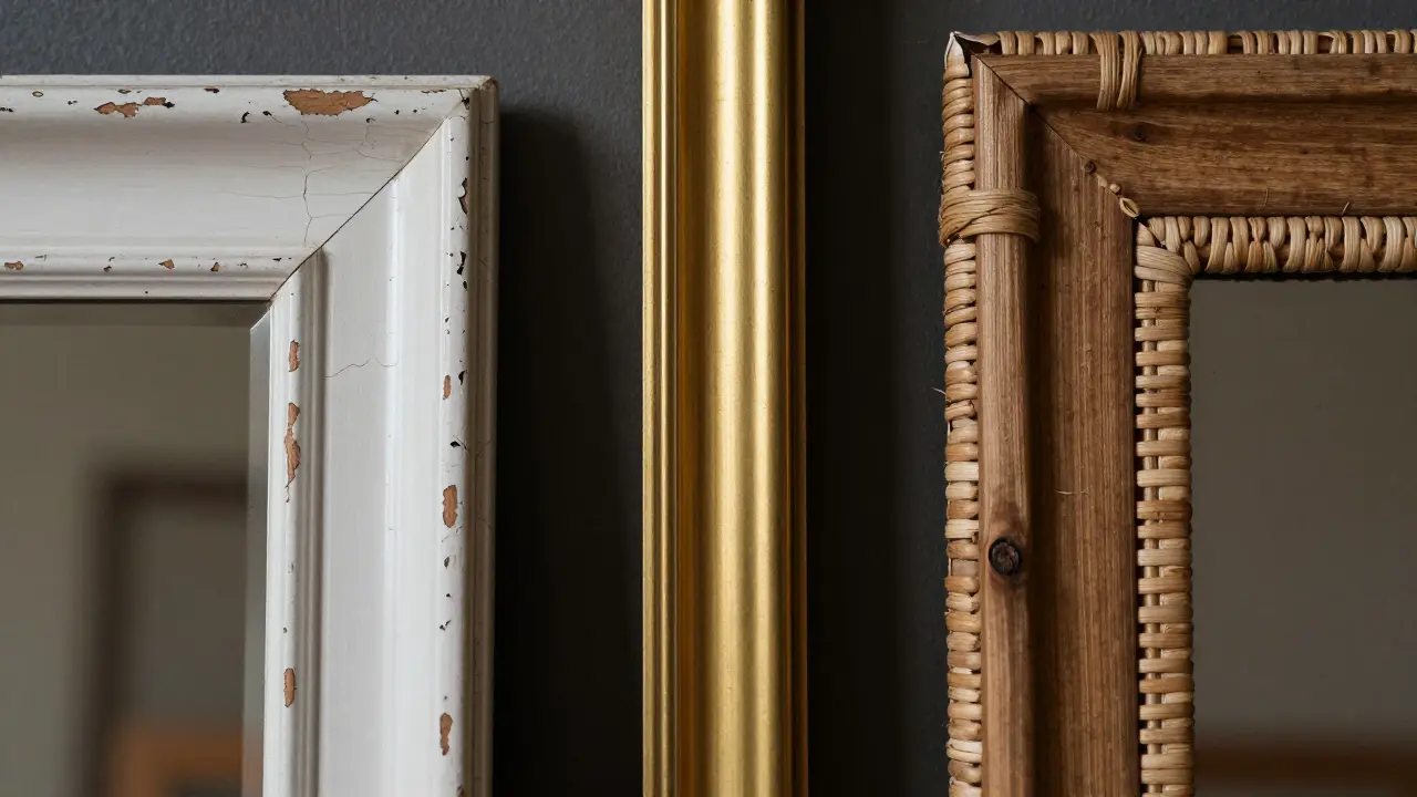 Gros plan sur des cadres de miroirs en bois patiné, laiton et rotin.