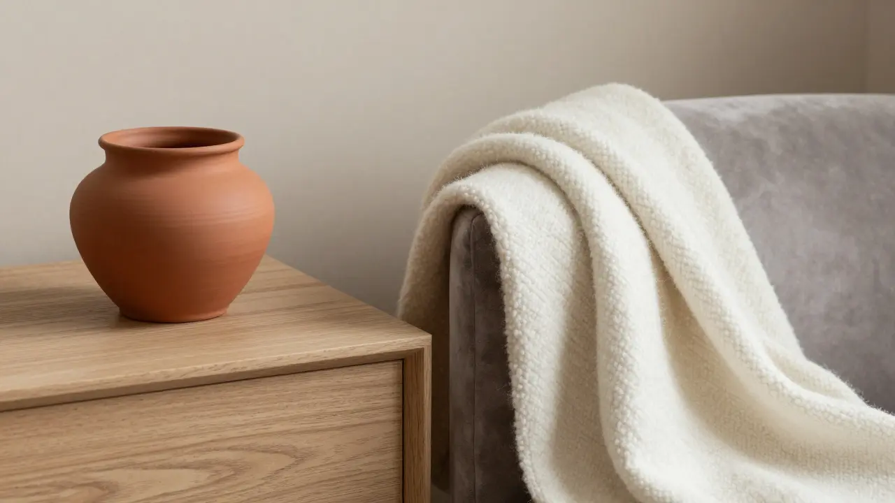 Gros plan sur des textures minimalistes : céramique terracotta, bois clair et laine bouclée.