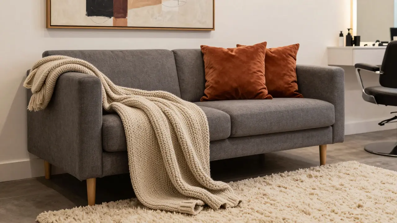 Gros plan sur un canapé gris avec plaid en maille et coussins en velours terracotta.