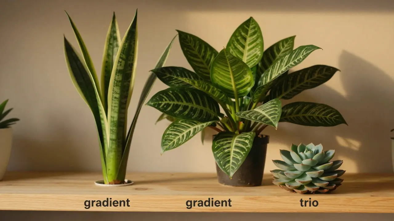 Groupe de trois plantes aux textures différentes sur une étagère en bois clair.