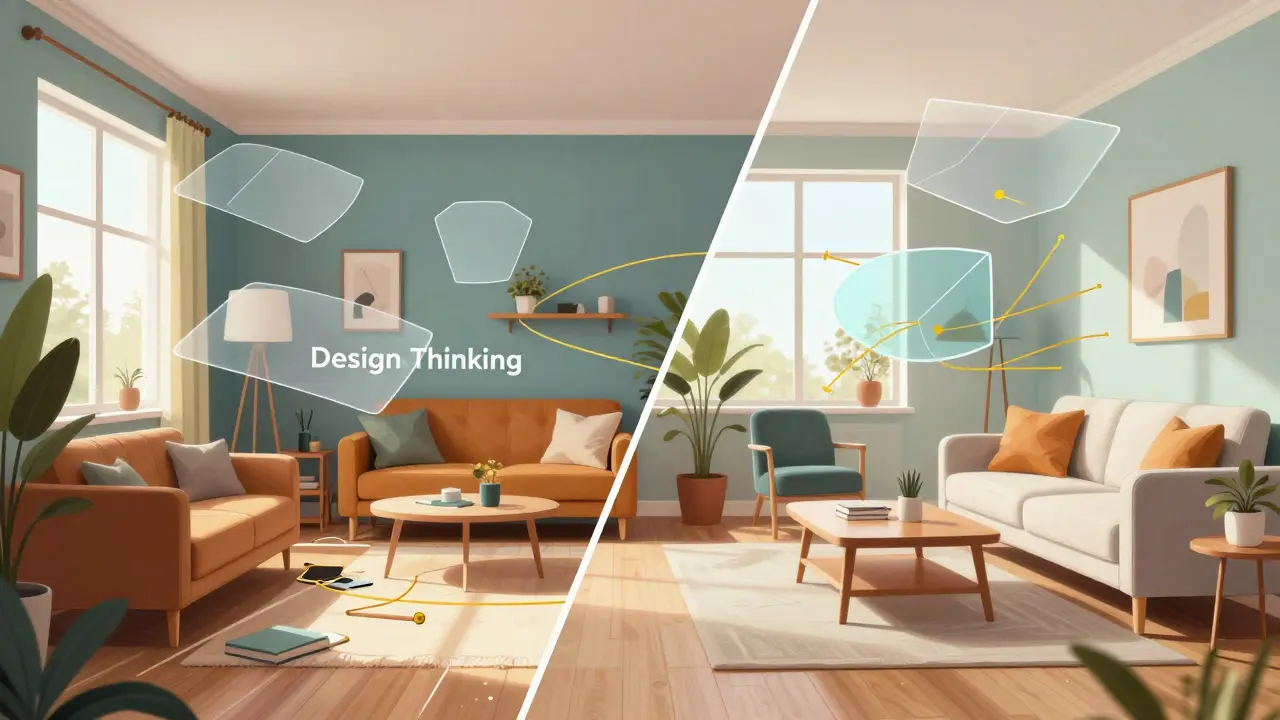 Illustration conceptuelle montrant la transformation d'une pièce grâce au design.