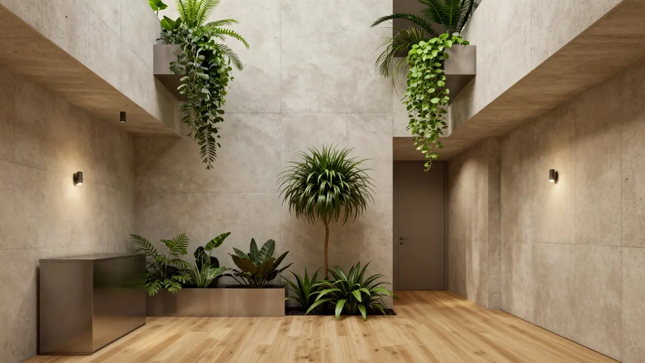 Intérieur brutaliste doux avec plantes vertes intégrées