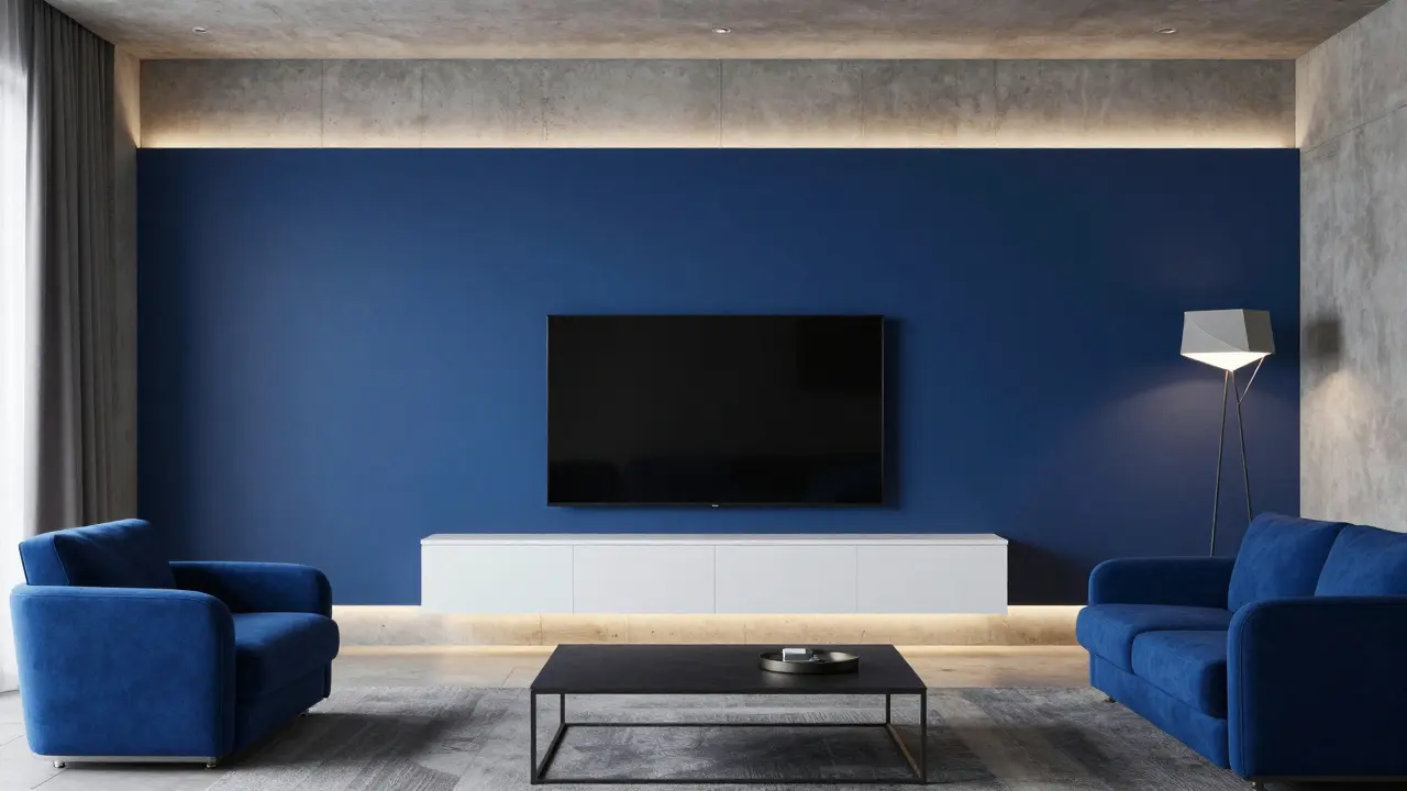 Intérieur contemporain avec mur bleu pétrole et éclairage LED indirect sous un meuble suspendu.