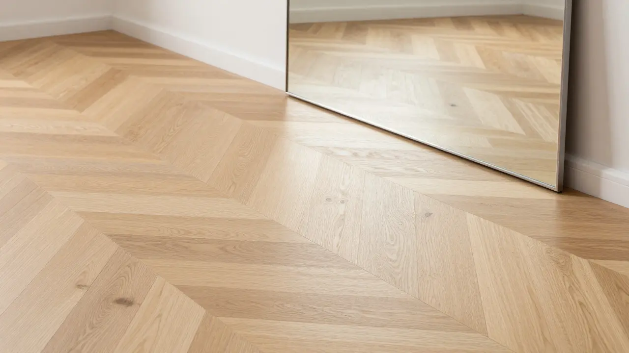 Parquet en point de Hongrie clair avec un grand miroir reflétant la surface pour créer de la profondeur.