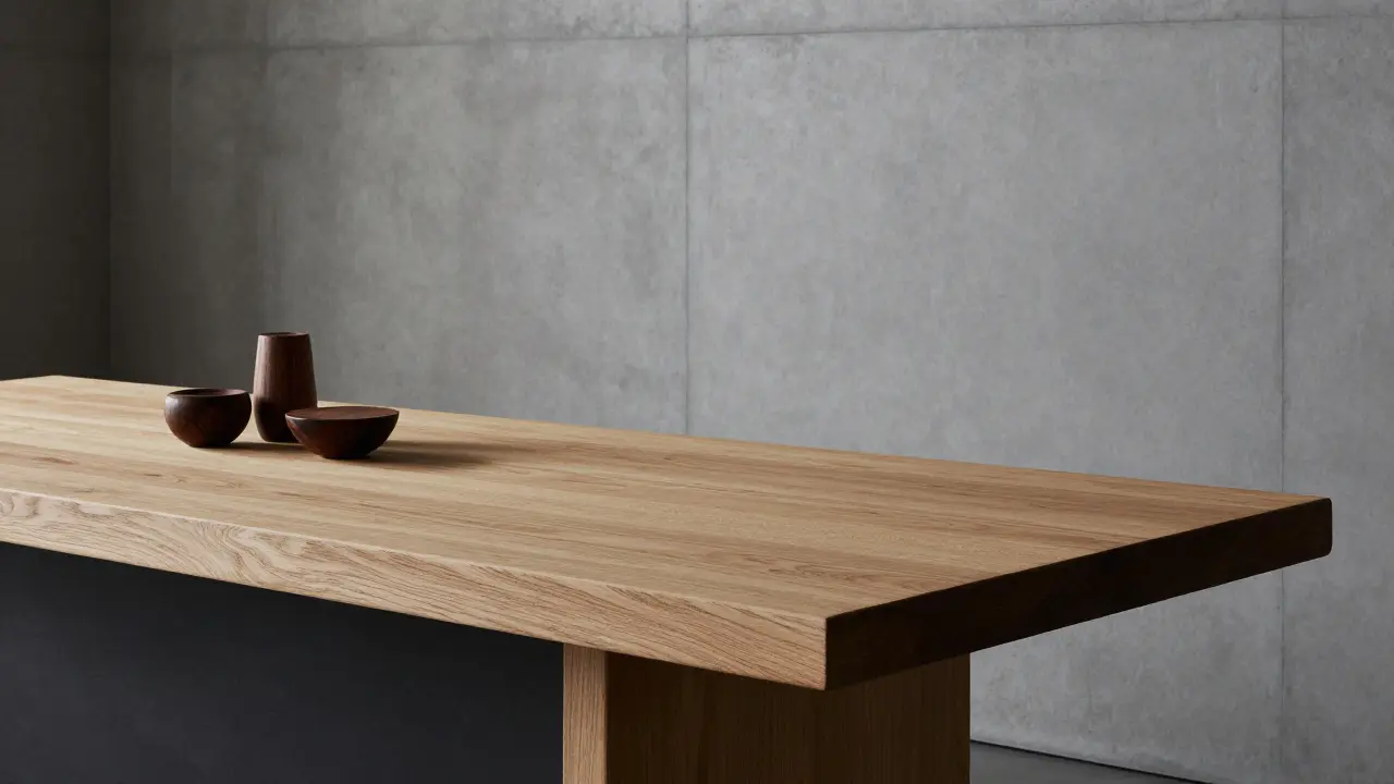 Plan de travail en chêne massif contrastant avec un mur en béton gris moderne.