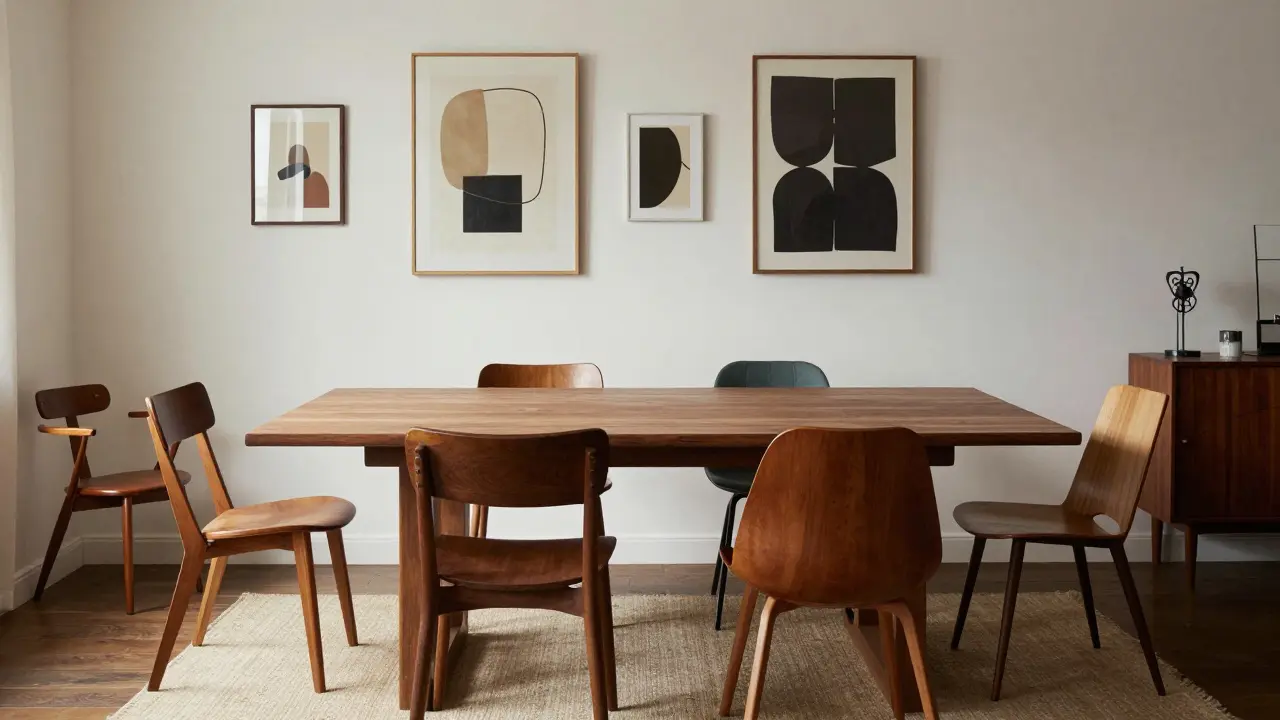 Salle à manger avec table en noyer et chaises vintage dépareillées.