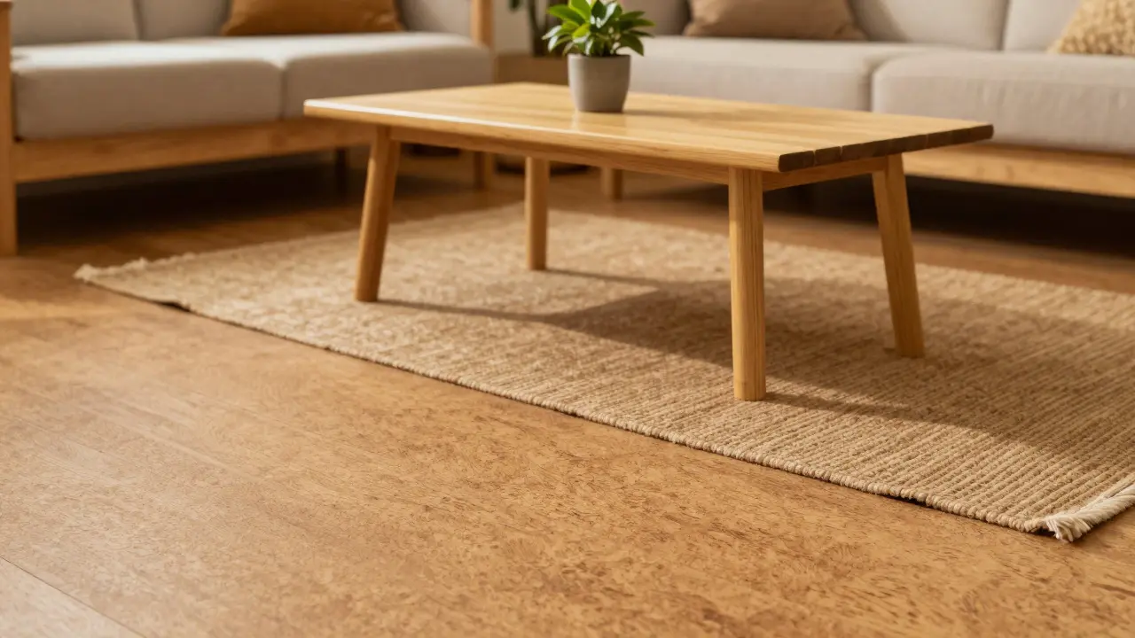 Salon éco-responsable avec sol en liège, tapis en sisal et table basse en bambou.