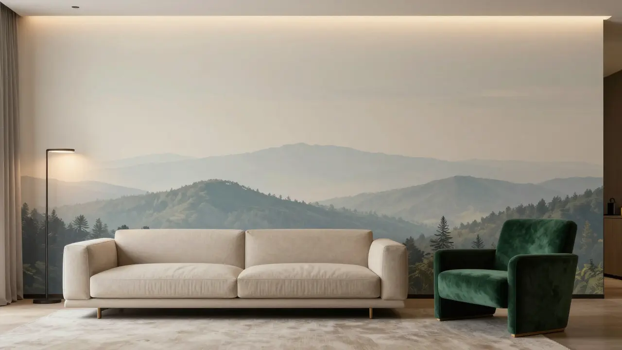 Salon élégant avec un papier peint panoramique de paysage montagneux et fauteuil vert