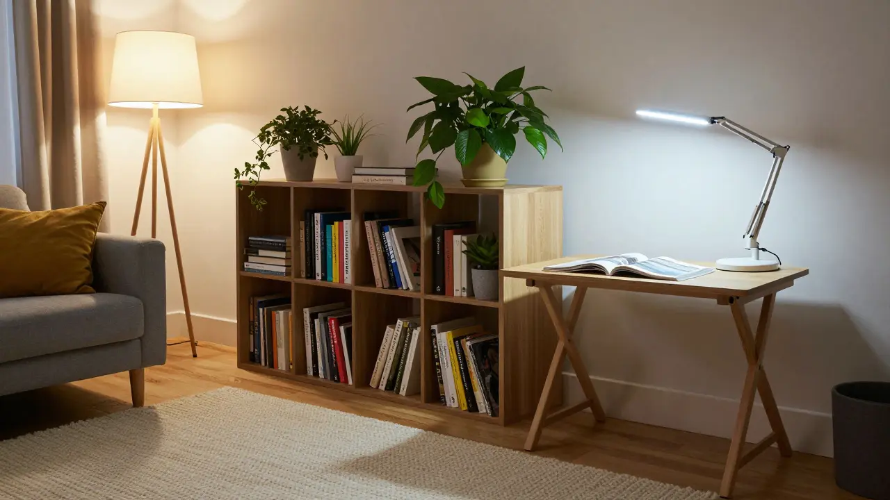 Séparation visuelle d'un studio avec une étagère ouverte et des plantes.