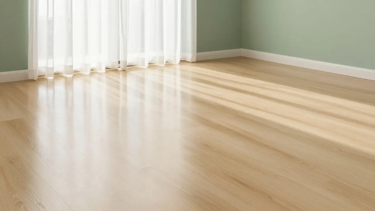 Sol couleur sable finition satinée avec des murs vert sauge et une lumière naturelle douce.