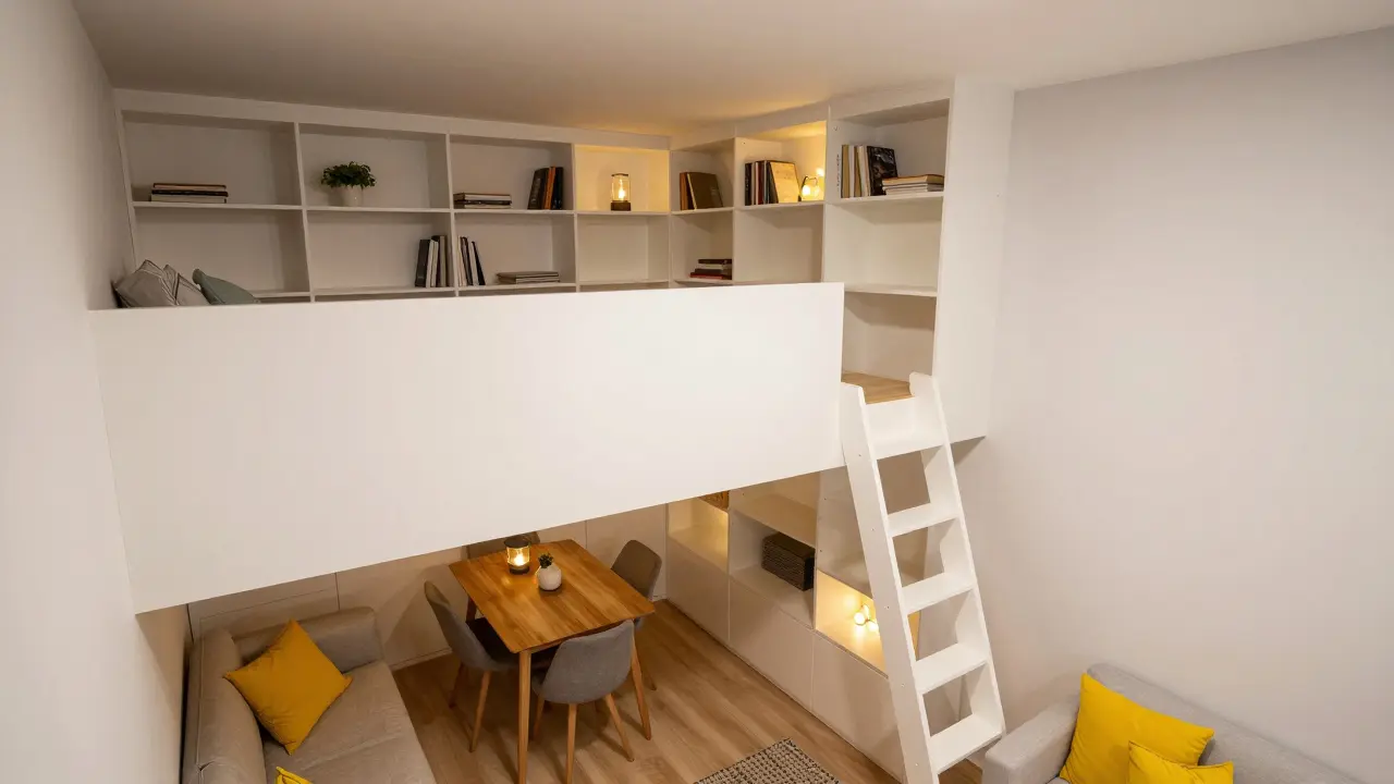 Studio avec mezzanine pour le lit et rangements verticaux jusqu'au plafond.