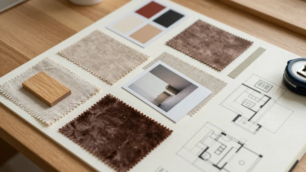 Tableau d'inspiration avec échantillons de tissus et palettes de couleurs.