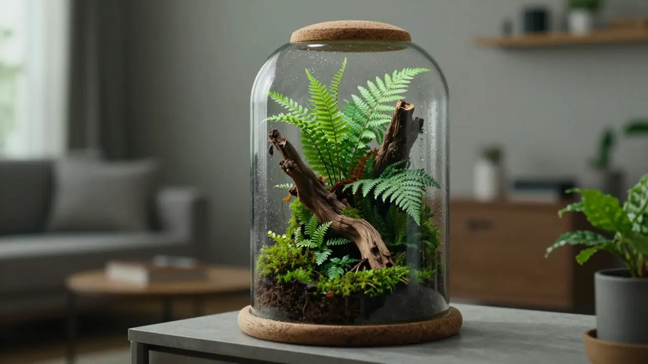 Terrarium fermé et luxuriant avec des fougères et de la mousse sous une cloche en verre.