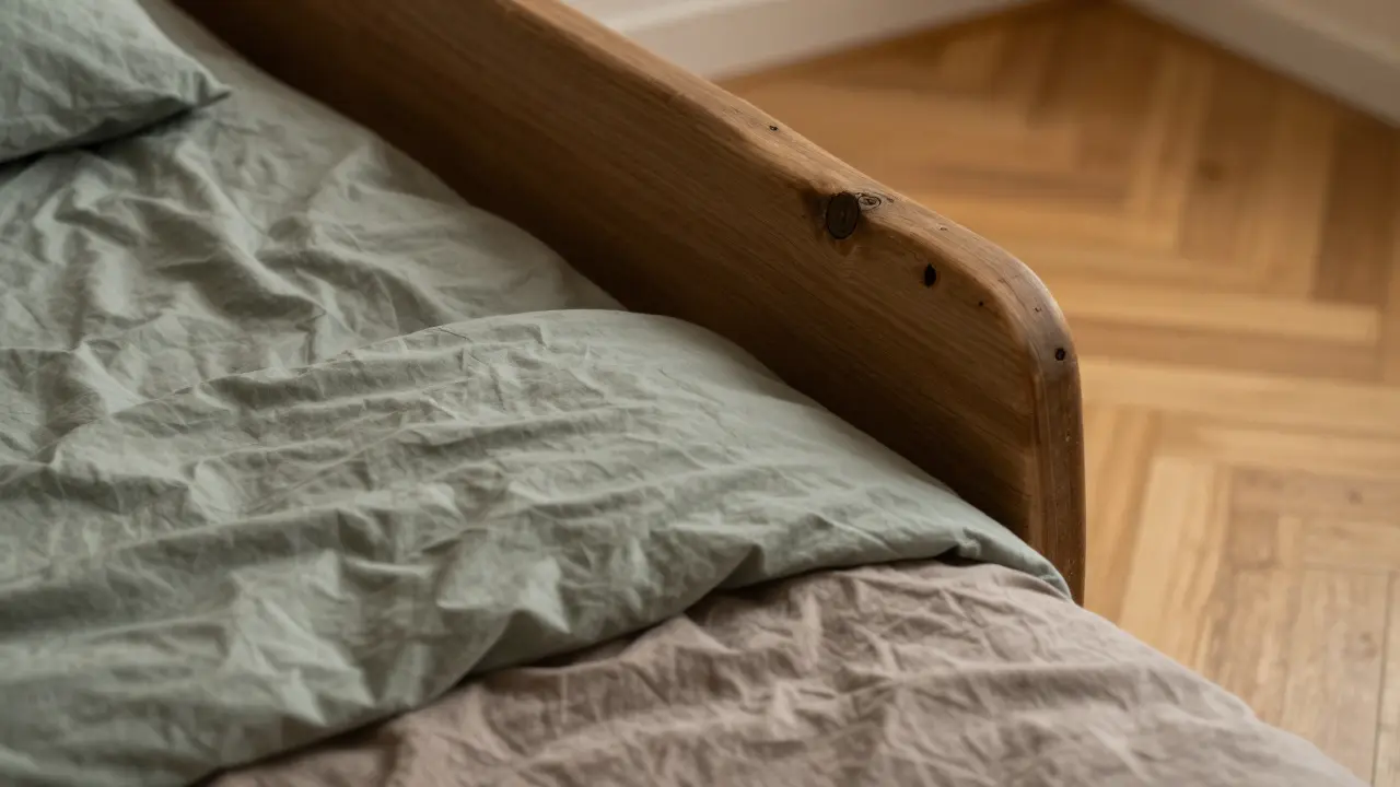 Tête de lit en bois brut avec linge de lit vert sauge dans une chambre chaleureuse.