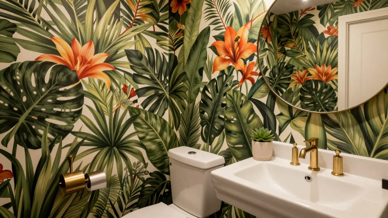 Toilettes design avec papier peint botanique tropical et accessoires en laiton.