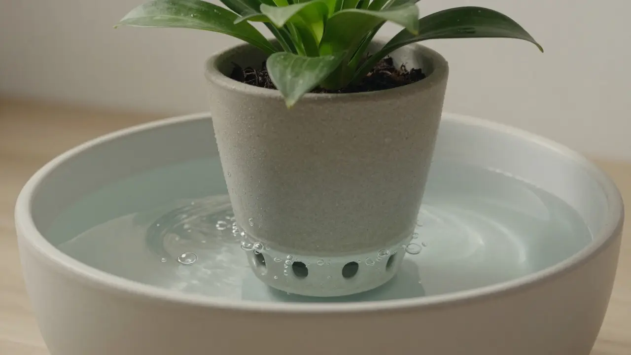 Une plante d'intérieur placée dans un bac d'eau pour un arrosage par le bas