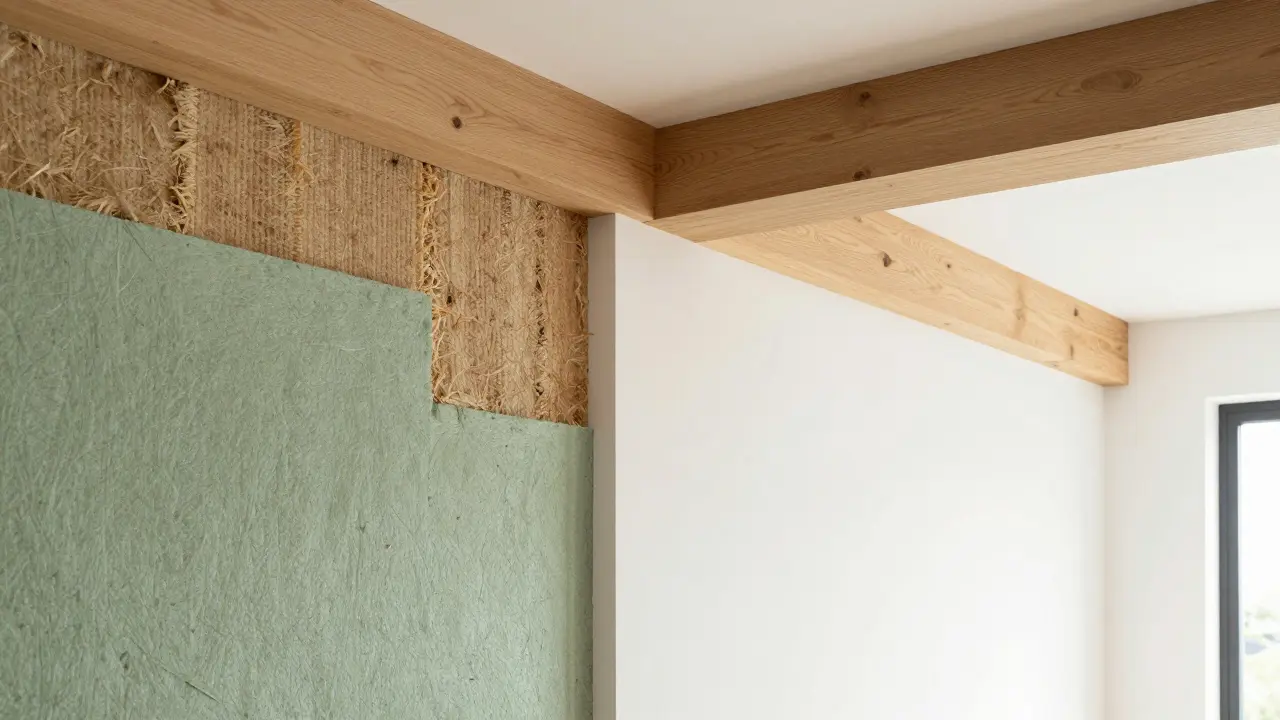 Vue d'un mur en cours d'isolation avec de la laine de chanvre et une poutre en chêne massif.