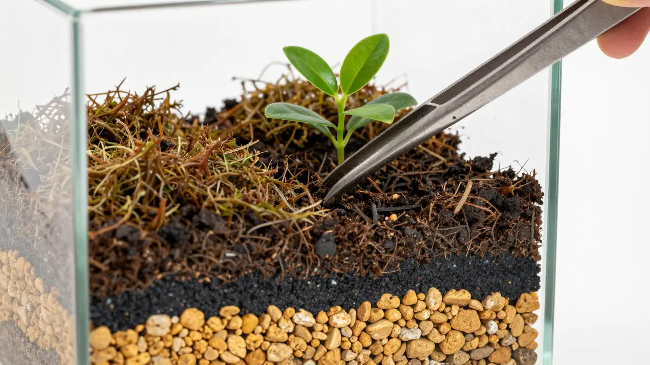 Vue en coupe des couches de drainage, filtration et terreau d'un terrarium en cours de montage.