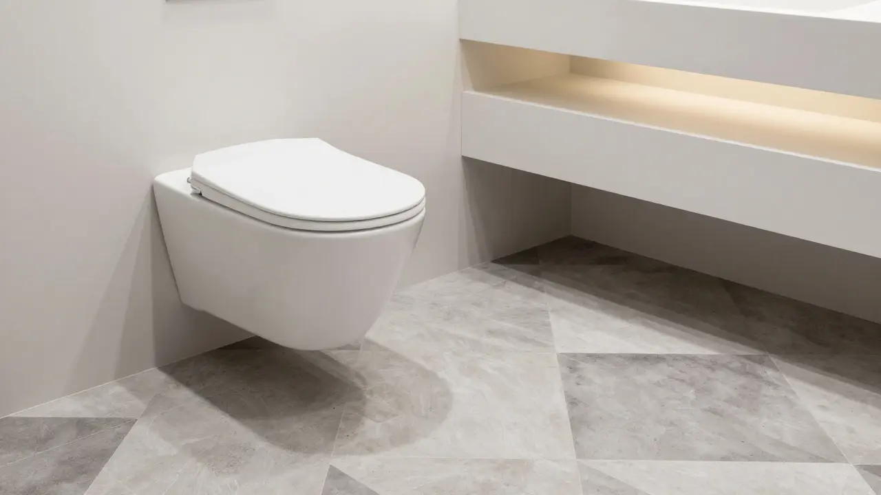 WC suspendu et lave-main mural sur un sol en carreaux de ciment géométriques.