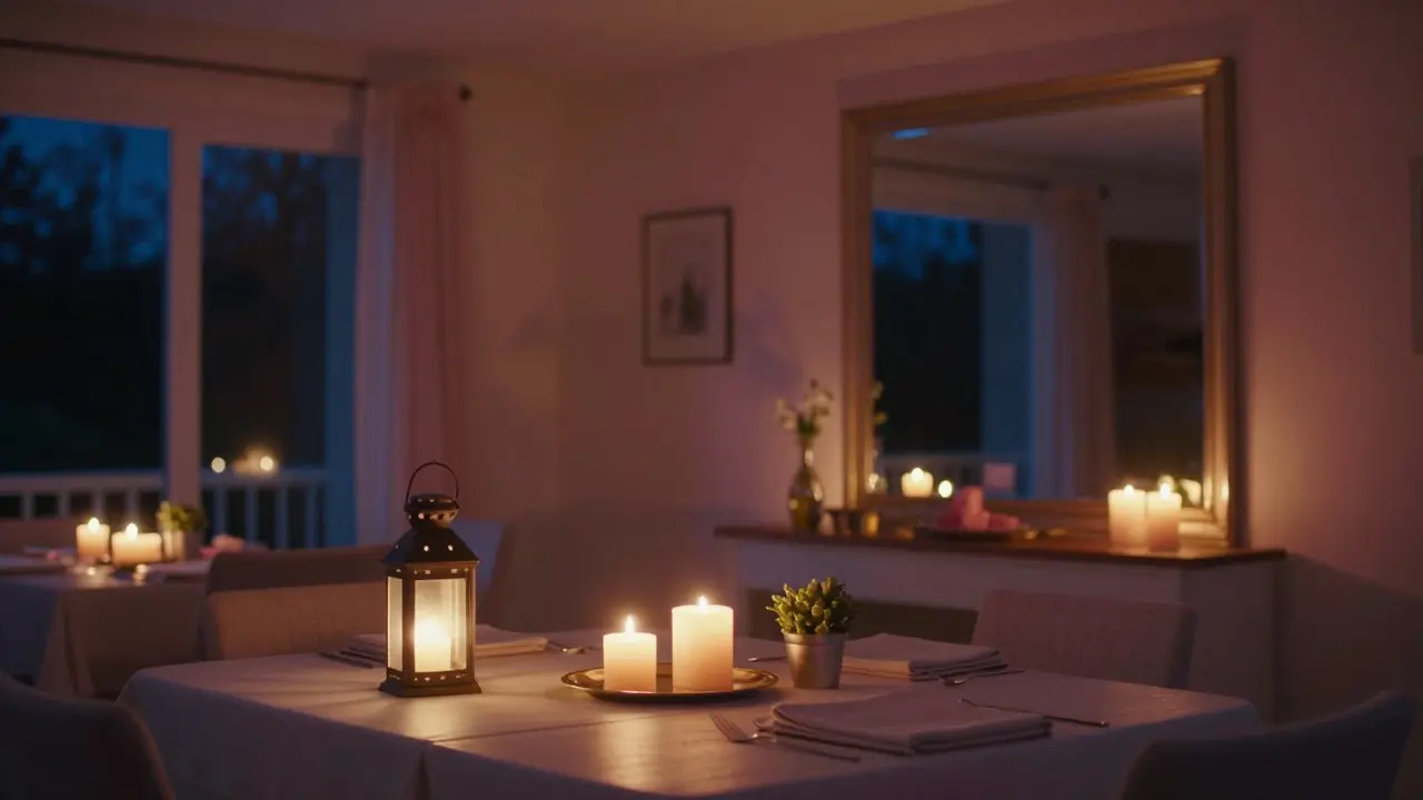 Ambiance du soir intime avec bougies et lumière tamisée dans un salon