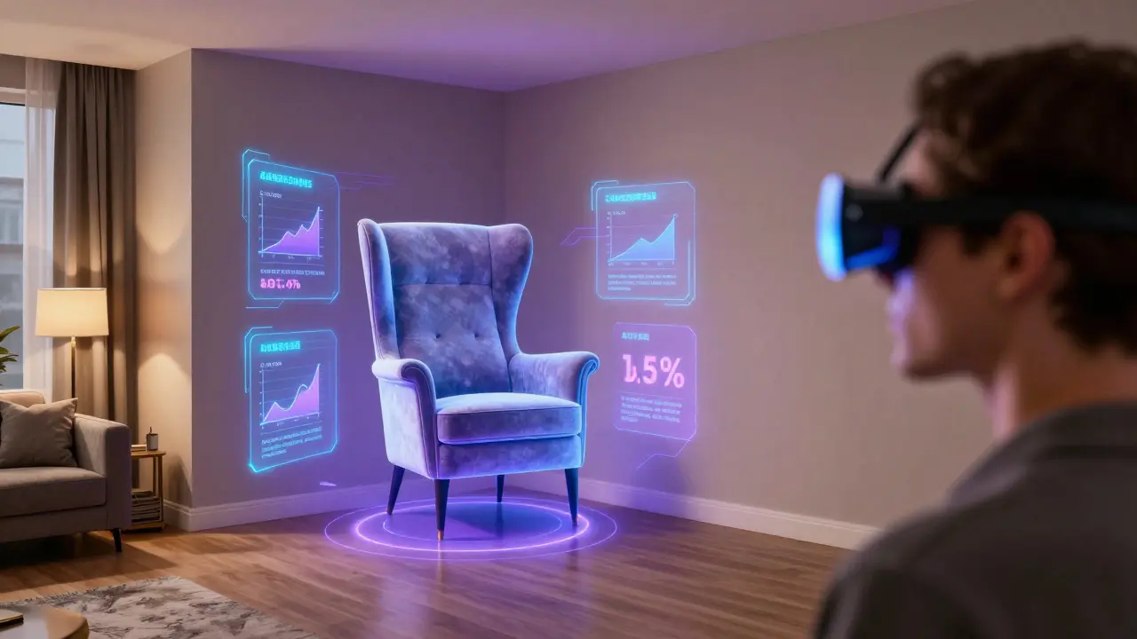 AR glasses projecting furniture and price info in a room