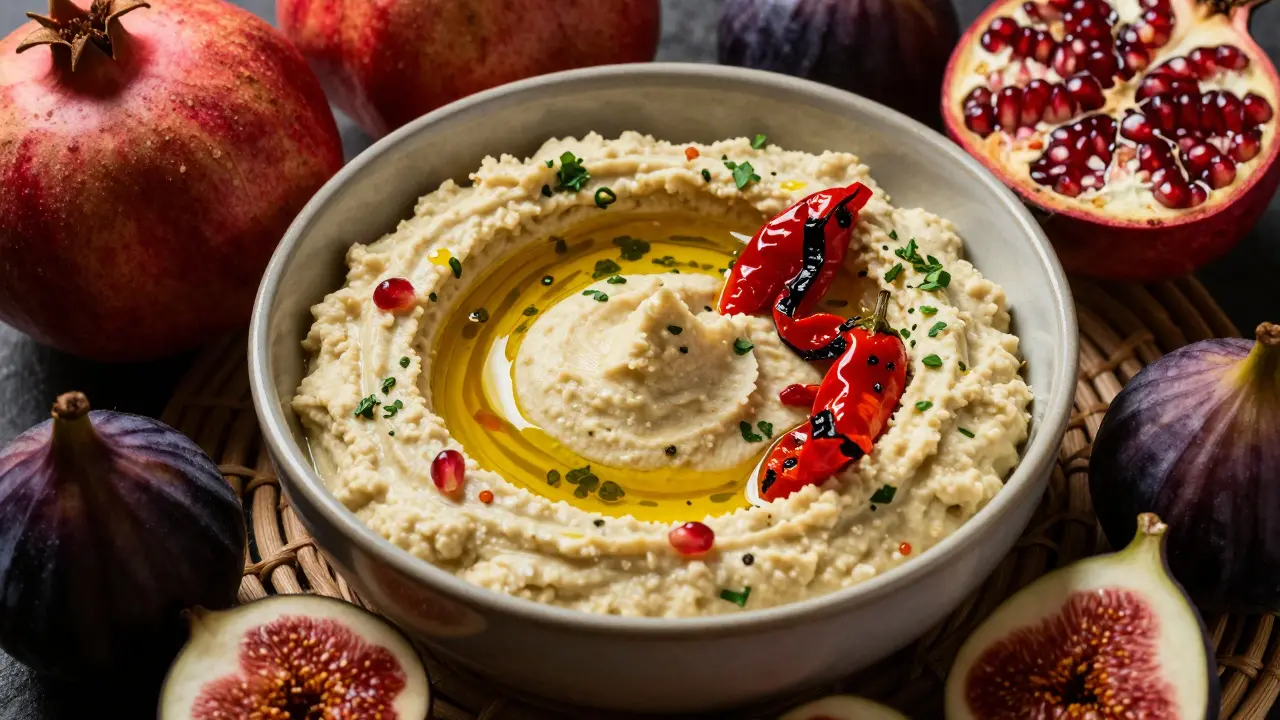 Bol d'hummus garni de poivrons et huile d'olive servant de centre de table festif et comestible.