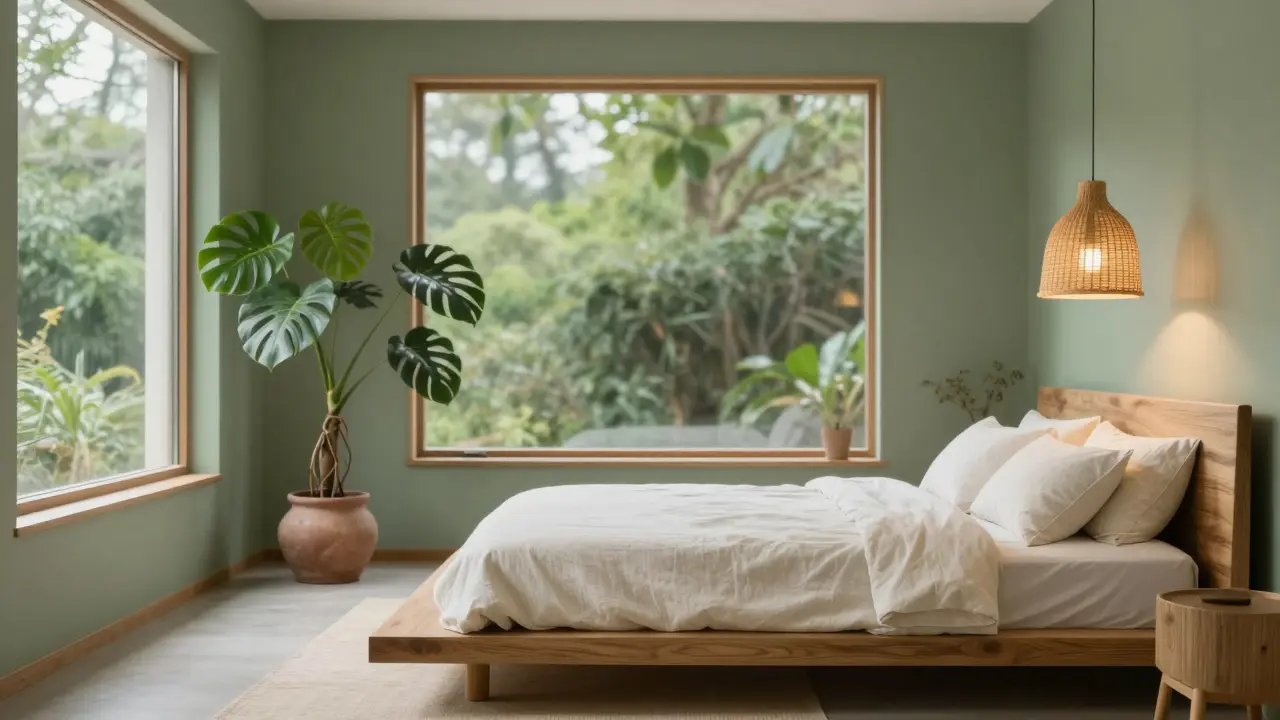 Chambre apaisante aux tons neutres avec plante verte et lampe en rotin