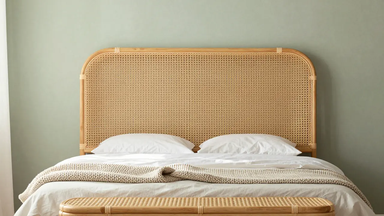 Chambre apaisante avec tête de lit en rotin, mur vert sauge et banc tressé au pied du lit.