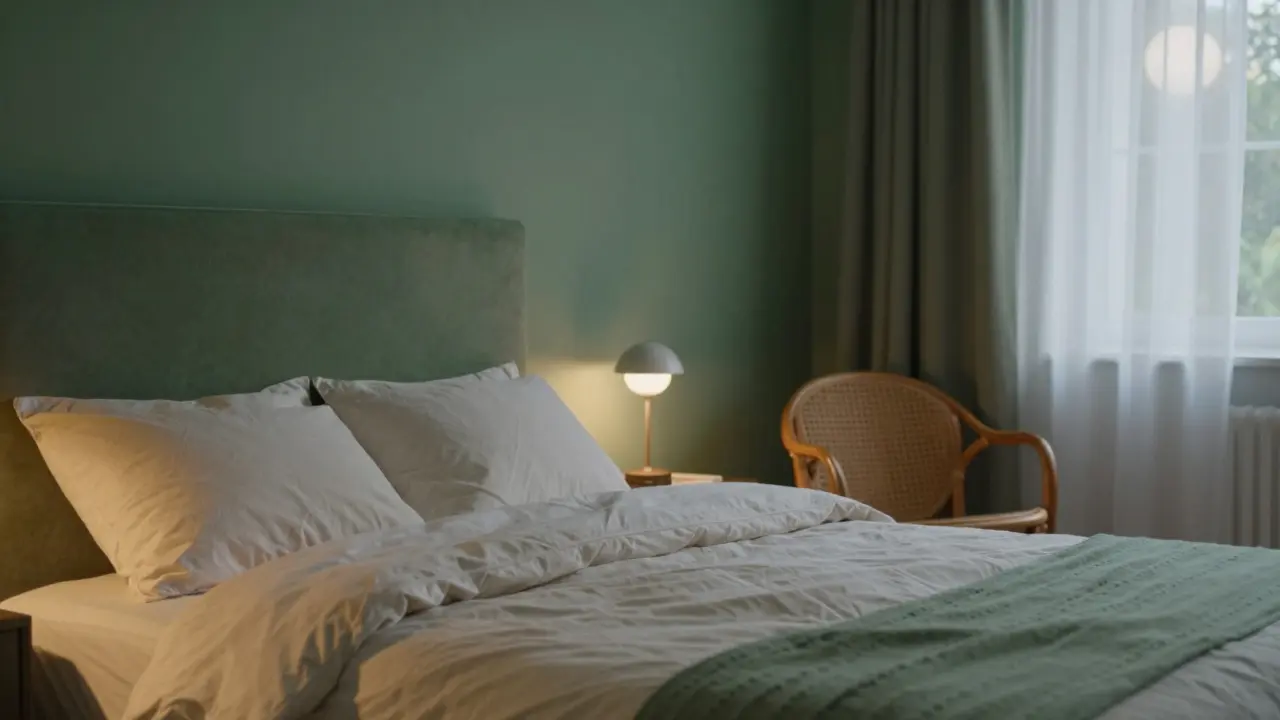 Chambre zen avec tête de lit vert sauge et éclairage tamisé