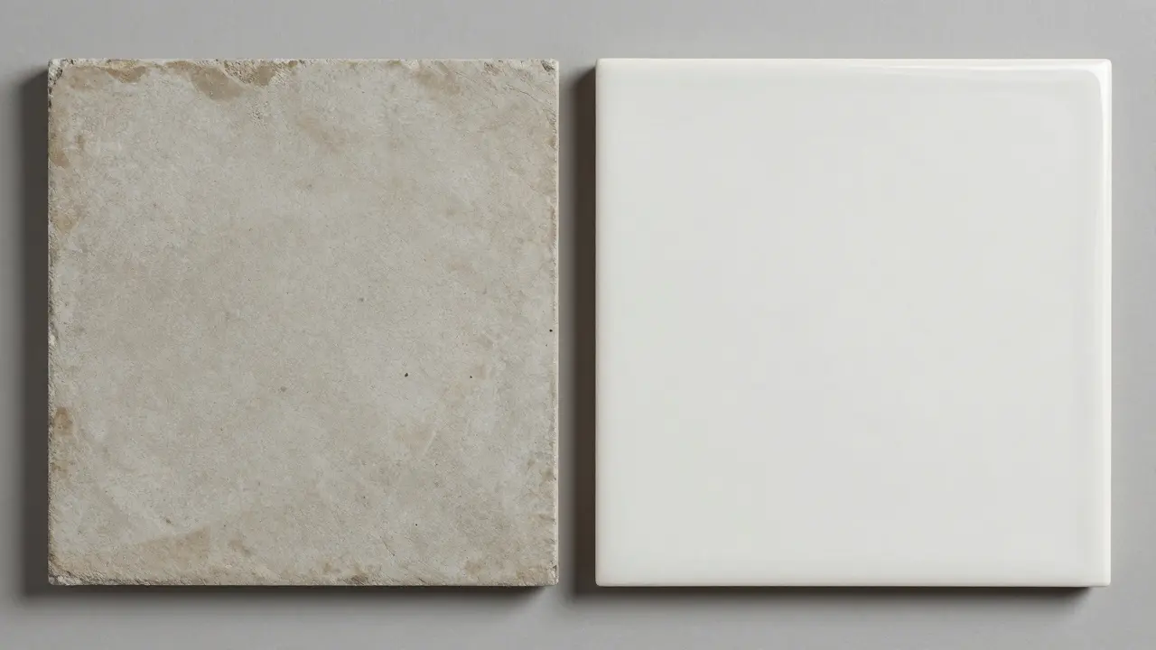 Comparaison visuelle entre la texture mate du ciment et le brillant du grès cérame imitation.