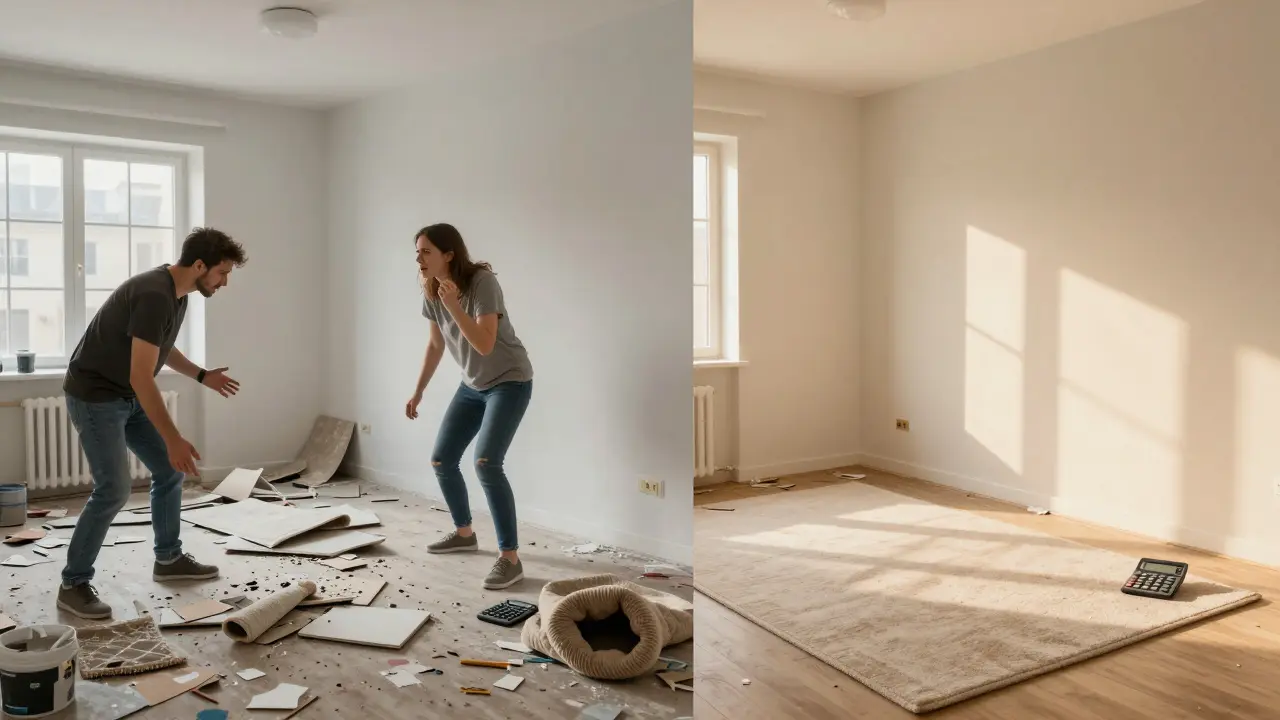 Comparaison visuelle entre une rénovation chaotique et une finition parfaite.