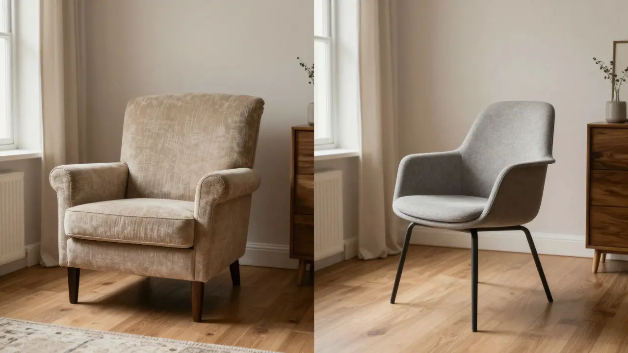 Comparaison visuelle montrant le remplacement numérique d'un ancien meuble par un nouveau modèle via l'IA.